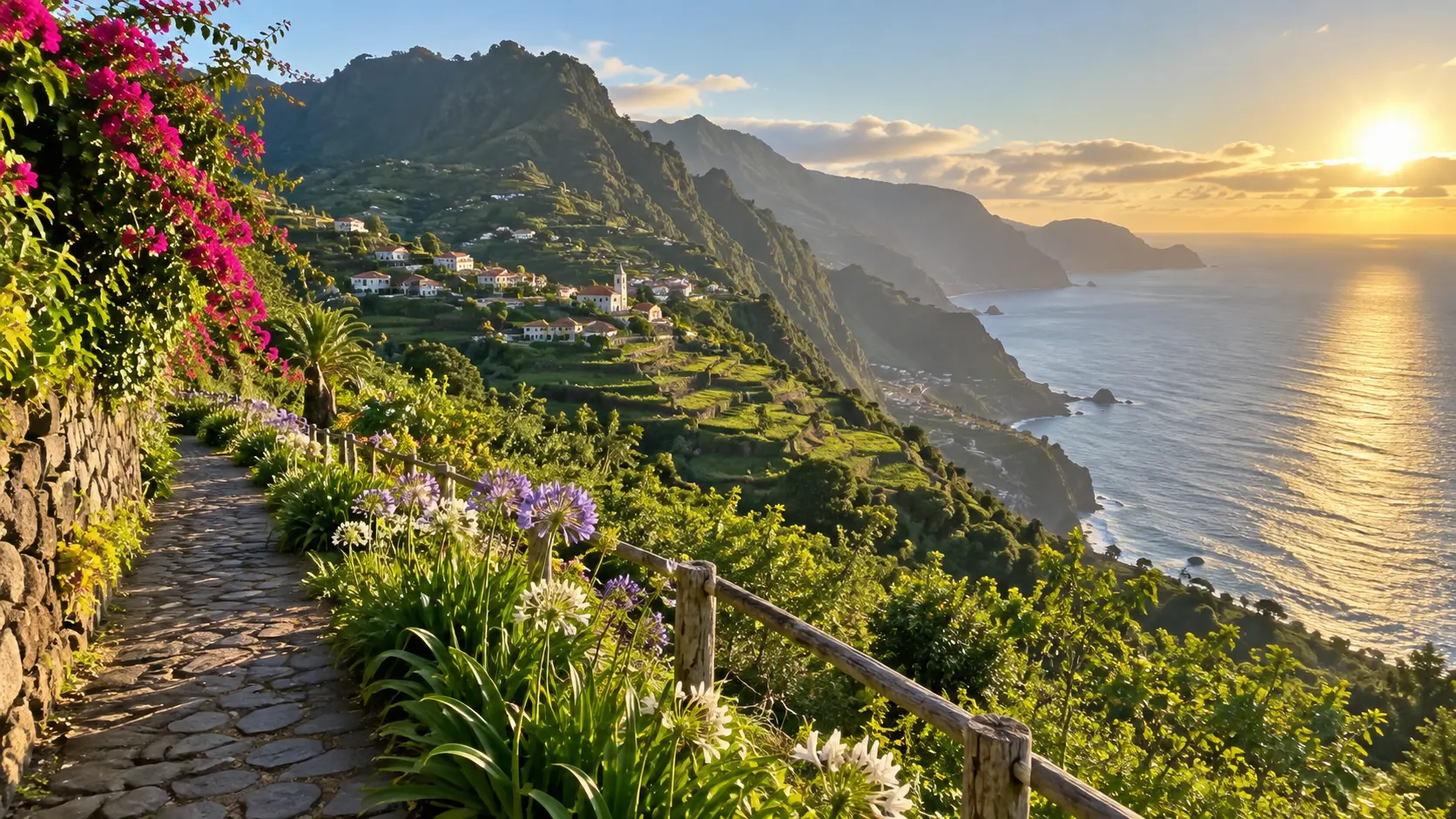 Flowering path and green mountain terraces above the Atlantic in Madeira.