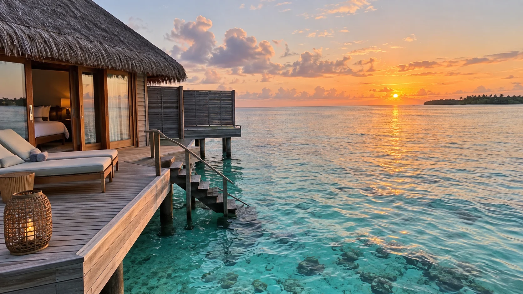 Secluded overwater bungalow above a turquoise Maldives lagoon at sunrise.