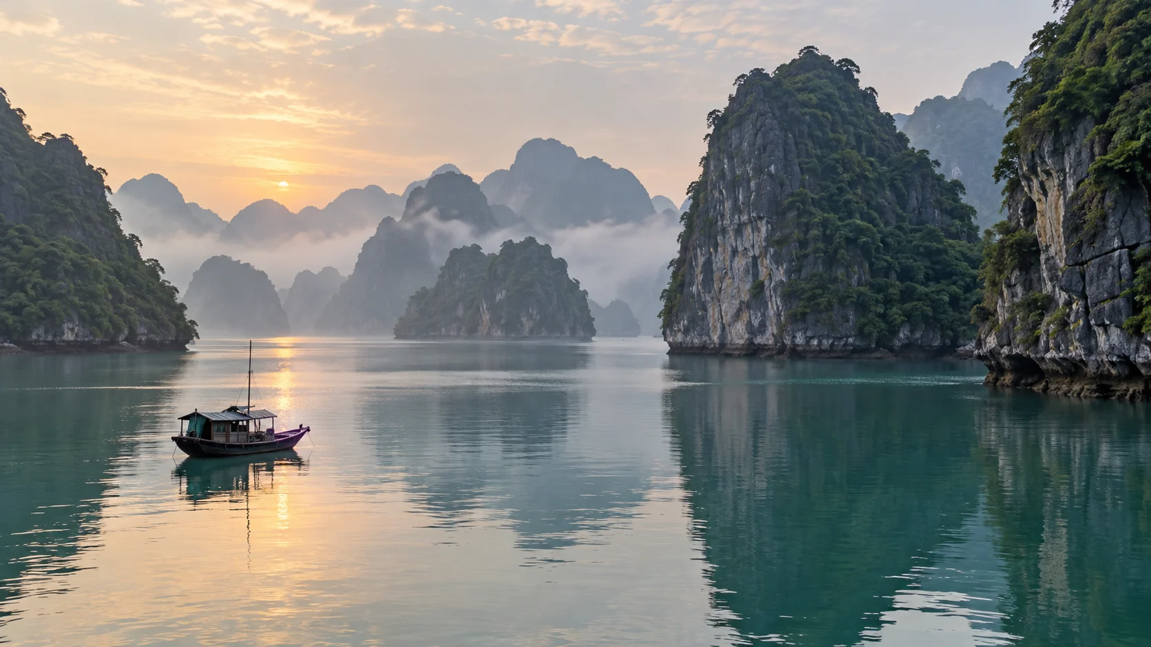 Misty limestone karsts and a small boat in Ha Long and Lan Ha Bay.