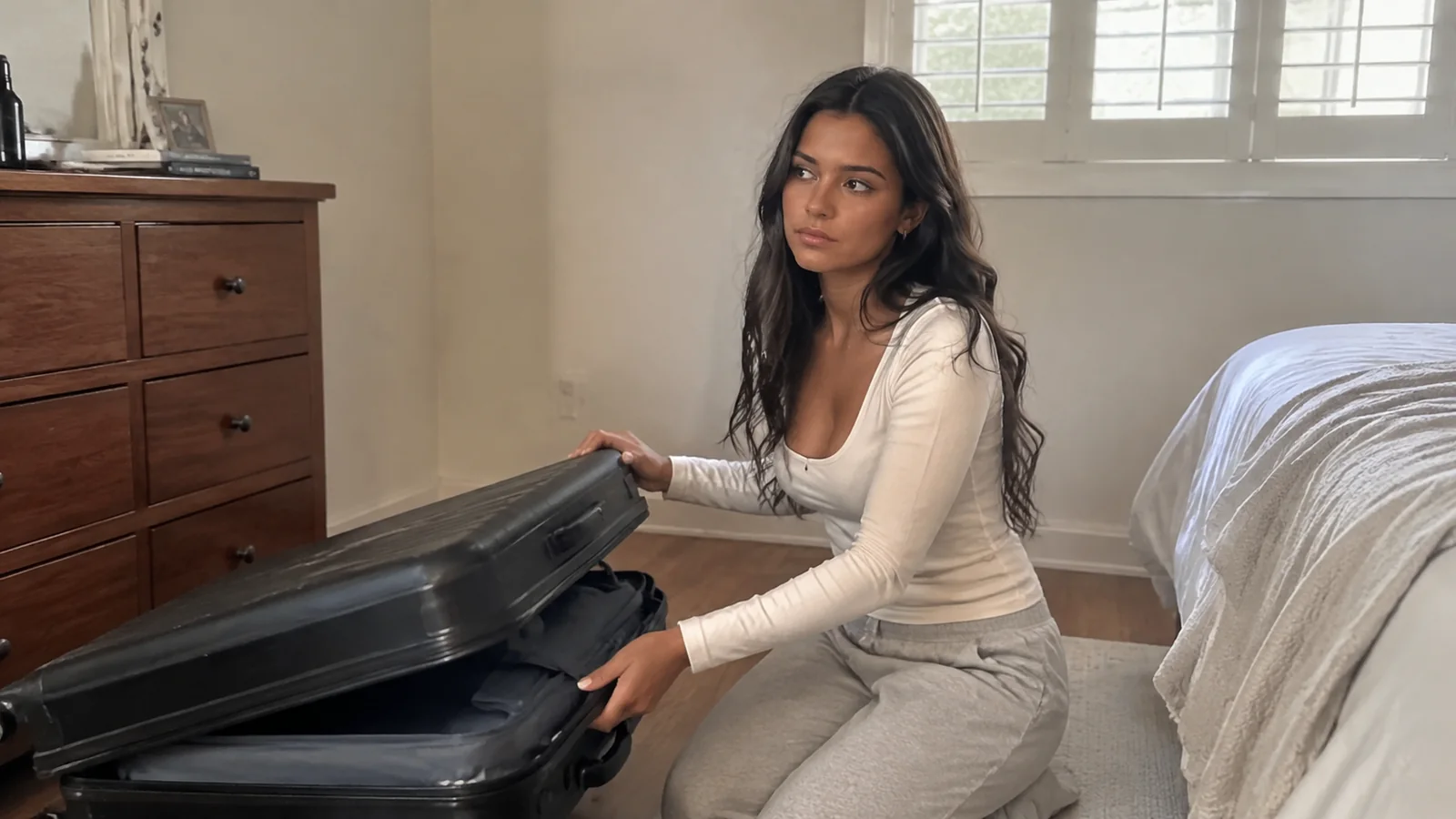 Woman closing a suitcase on the floor beside a bed.