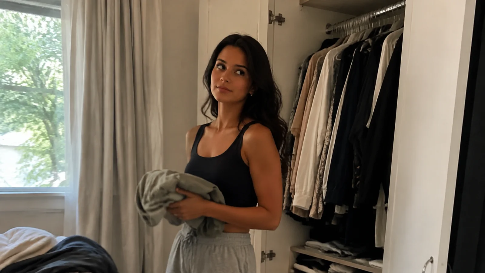 Woman holding folded clothing beside an open wardrobe in a bedroom.
