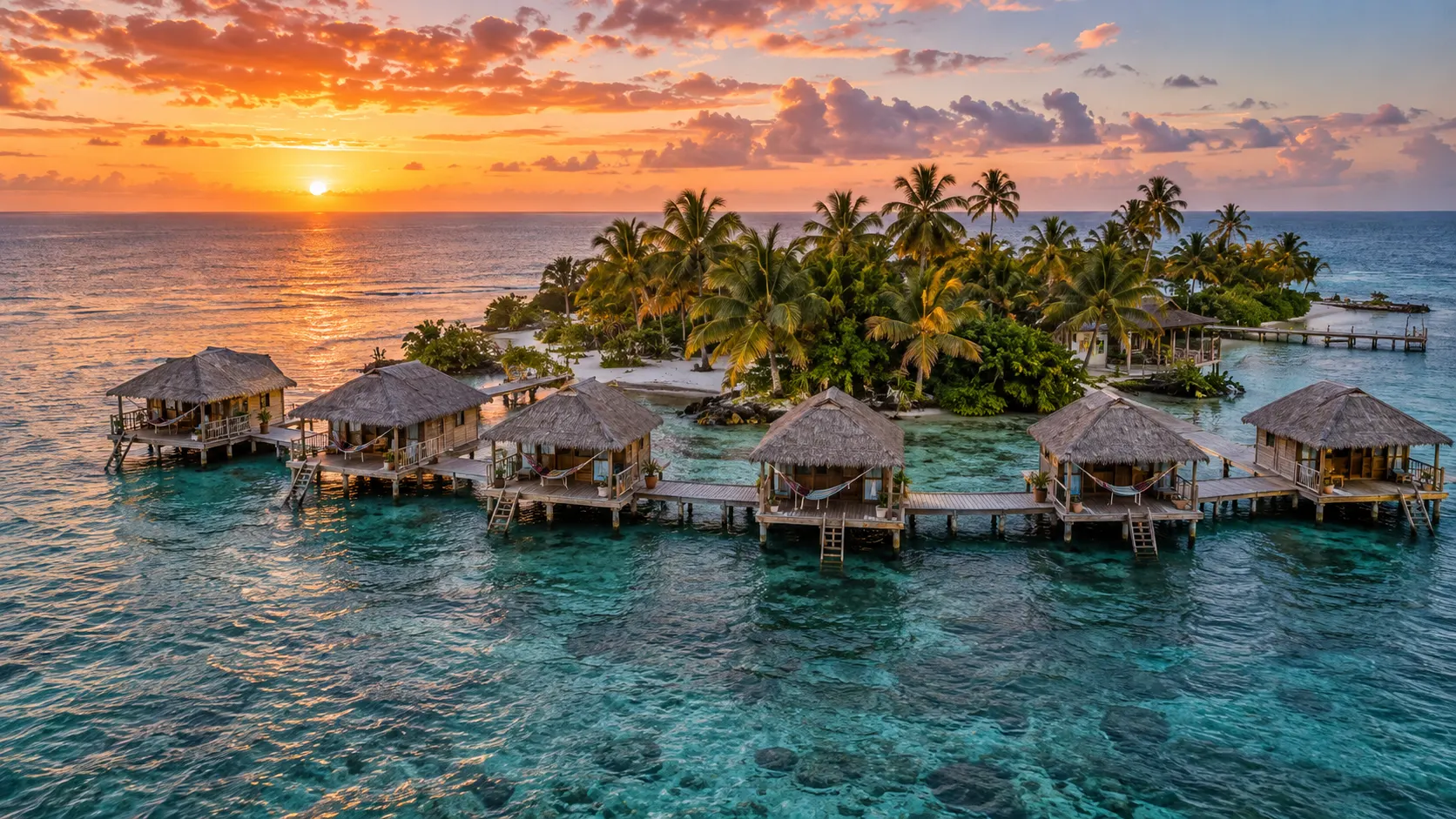 Six thatched overwater cabanas on a half-moon dock at St. George's Caye Resort in Belize.