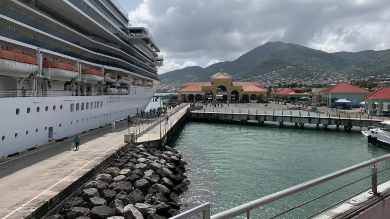 Cruise ship docked beside a port with a mountain behind it