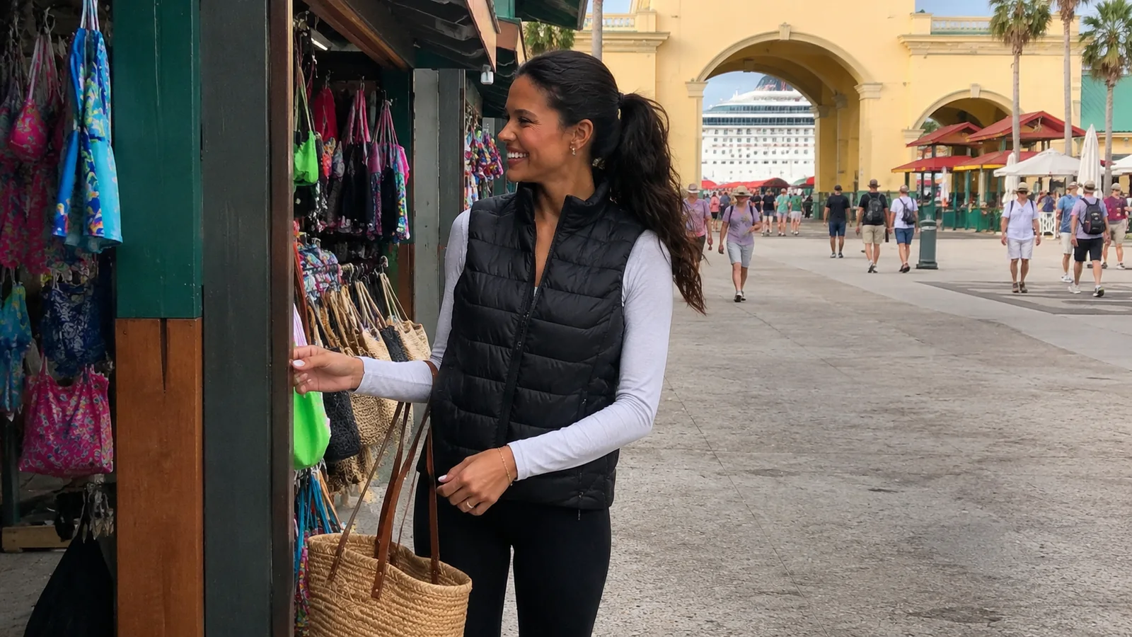 Woman browsing a souvenir stall in a cruise port