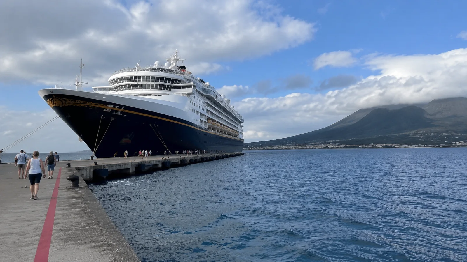 Large cruise ship docked beside a tropical port