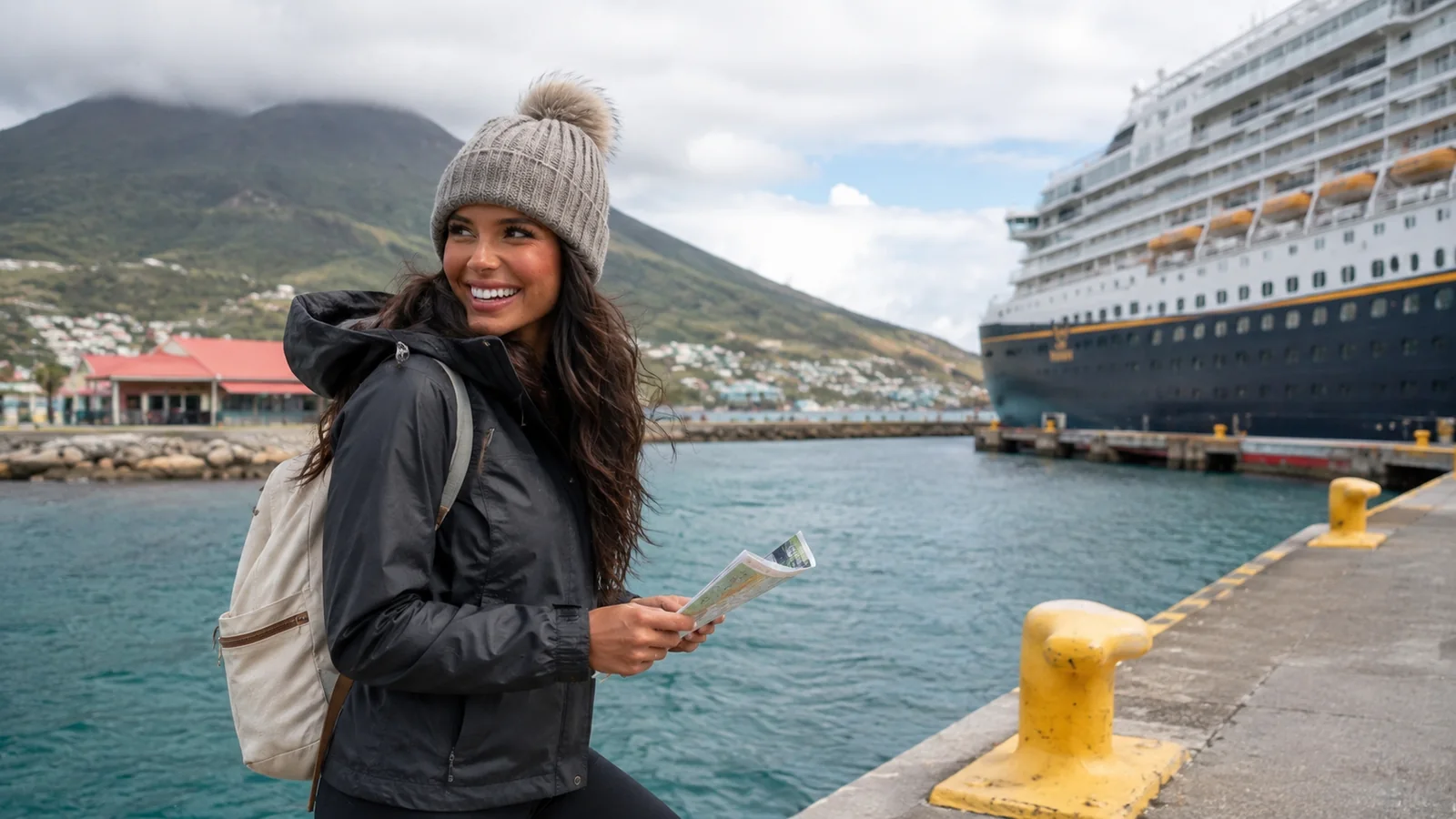 Woman holding a map on a pier beside a docked cruise ship