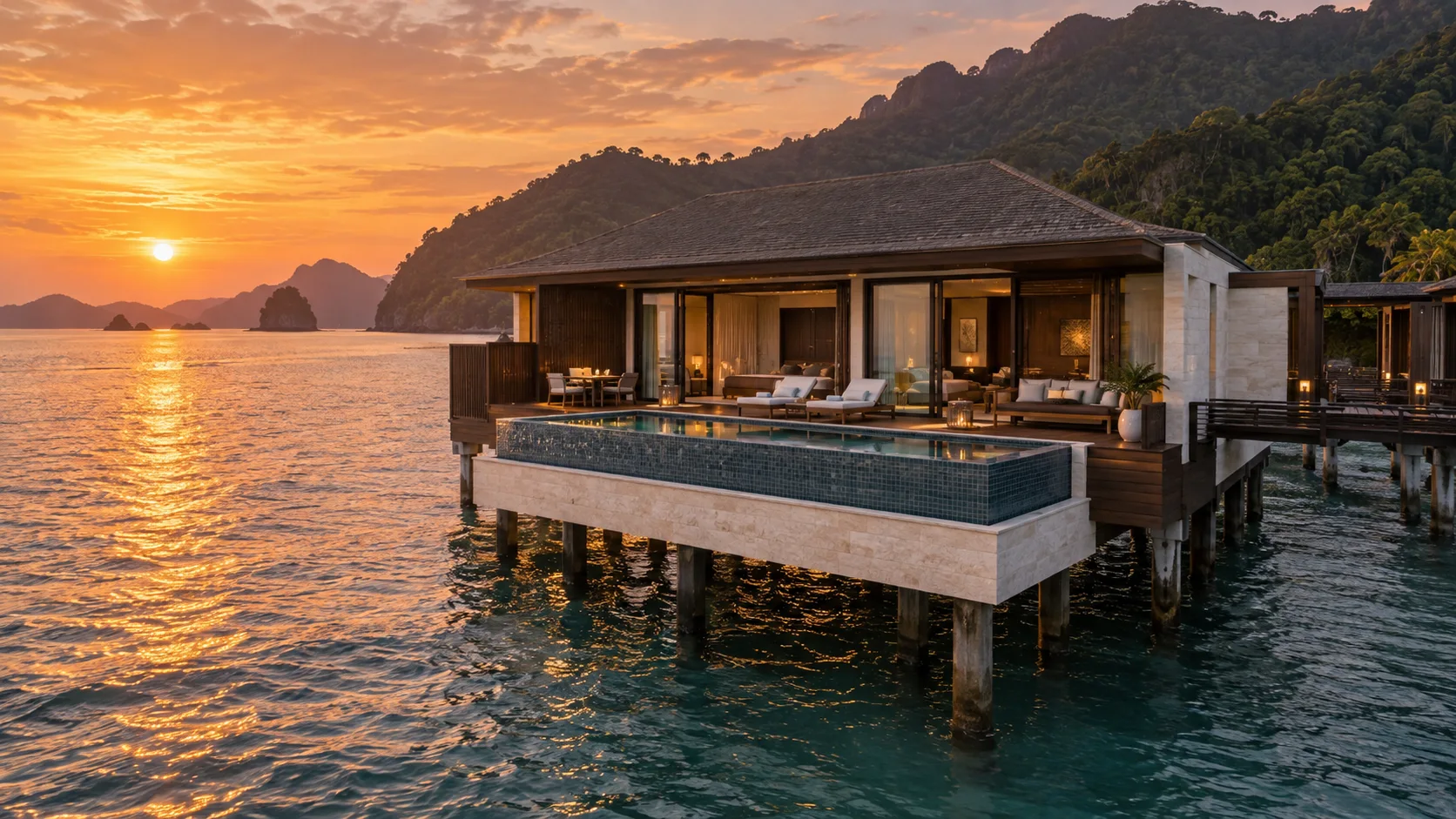 Sunset Over-Water Villa with a private pool at The St. Regis Langkawi overlooking the Andaman Sea.