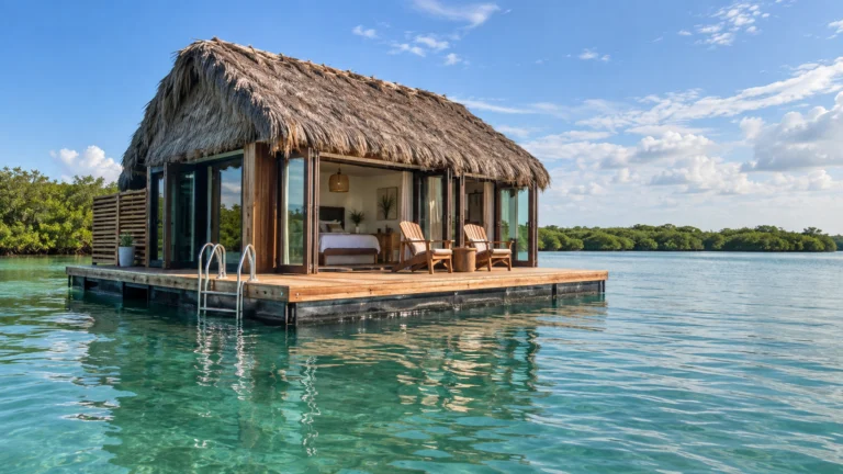 Stay Ombi floating bungalow with a thatched roof and wooden deck on turquoise water in Key Largo.