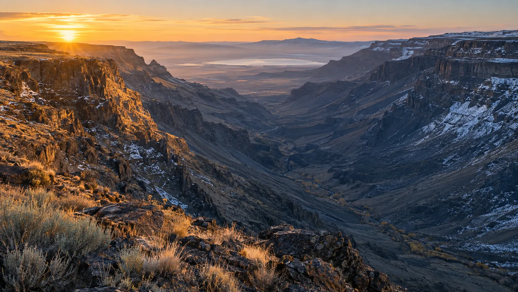 Sunrise over the deep glacial Kiger Gorge on Steens Mountain in Oregon
