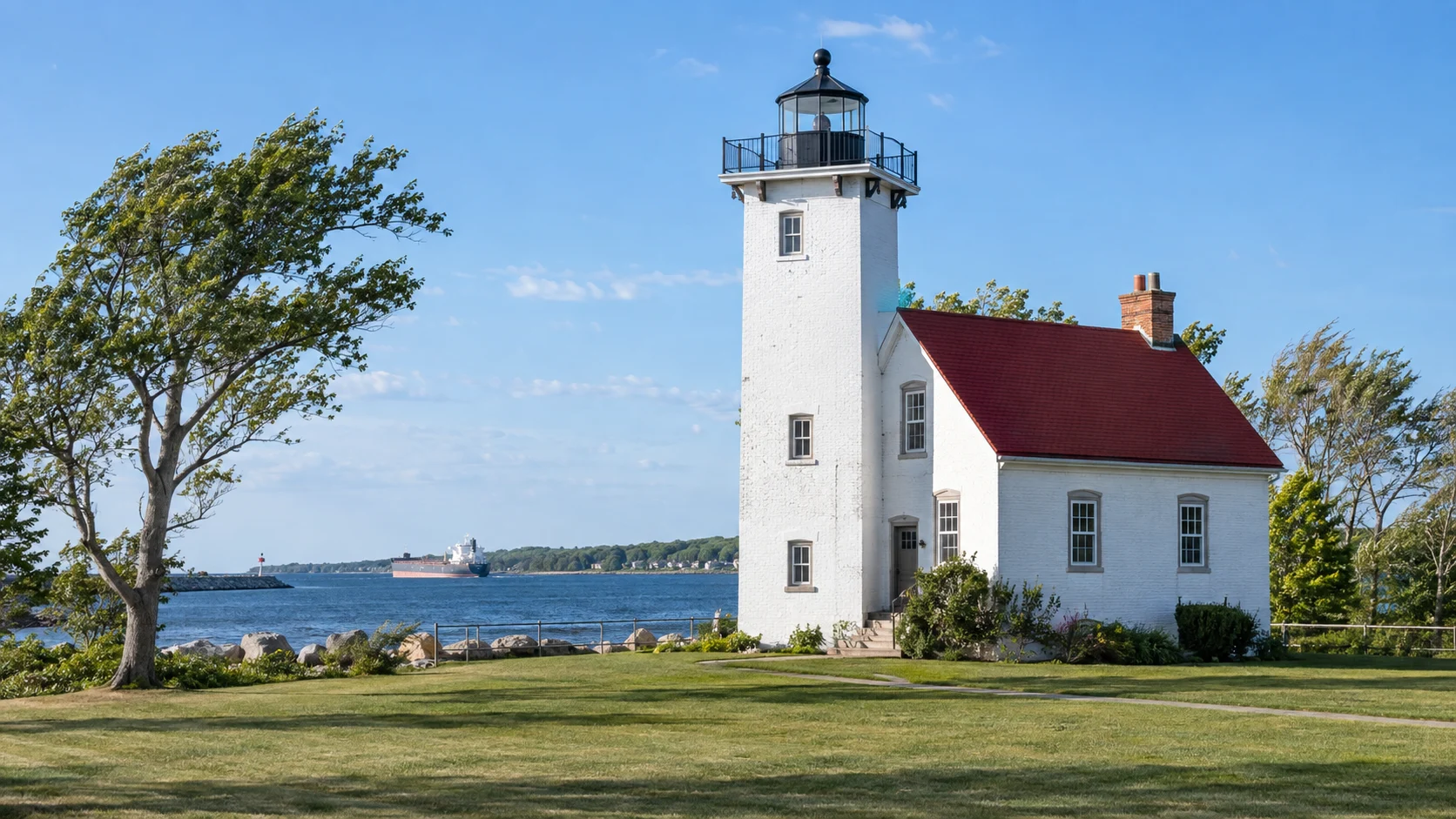 White Sturgeon Bay Ship Canal Light beside the water on a bright spring day