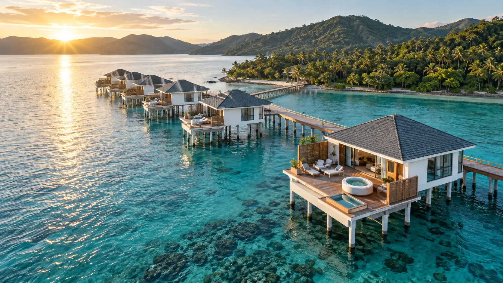 Modern overwater villas and a private jacuzzi above clear water at Sunlight Ecotourism Island Resort in Culion.