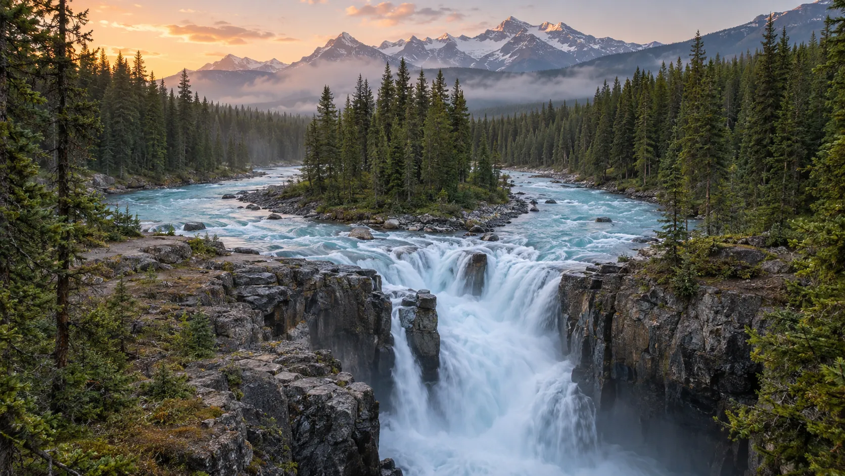 The Sunwapta River divides around a forested island before plunging into a canyon in Jasper.