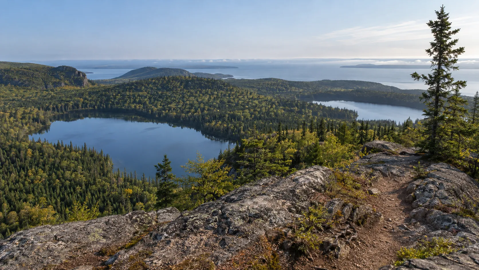 Bean and Bear Lakes below a rocky section of the Superior Hiking Trail