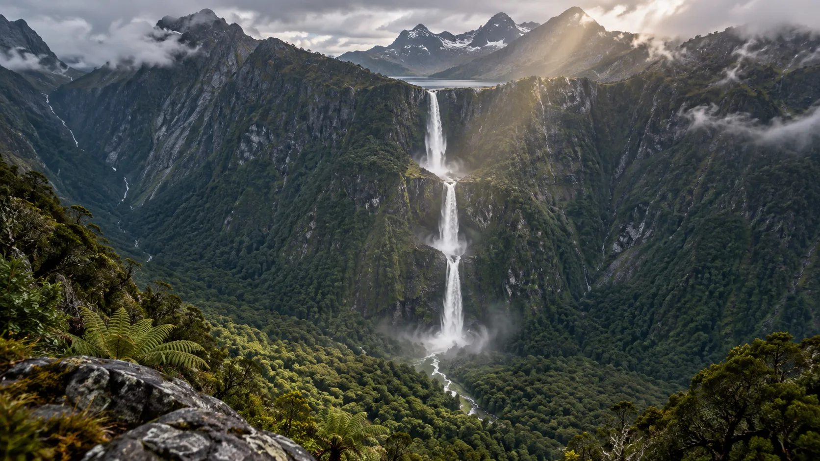 Three-tiered Sutherland Falls descending from Lake Quill in Fiordland