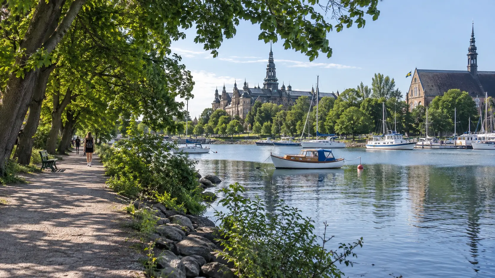 Tree-lined waterfront on Djurgården in Stockholm