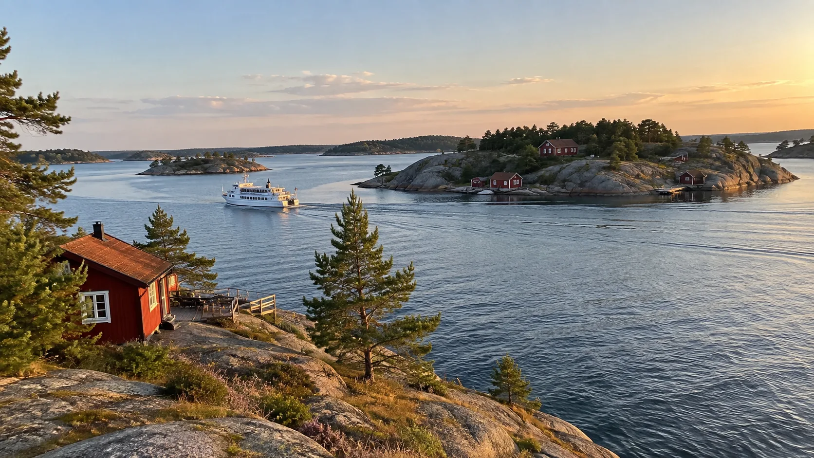 Rocky islands and cottages in the Stockholm Archipelago