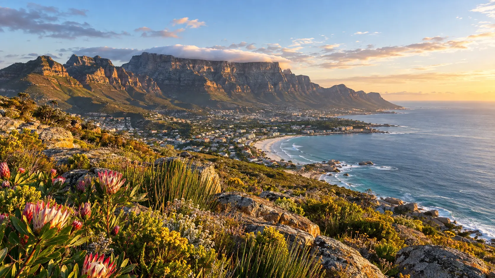 Cape fynbos overlooks Table Mountain, Camps Bay and the Atlantic in South Africa.