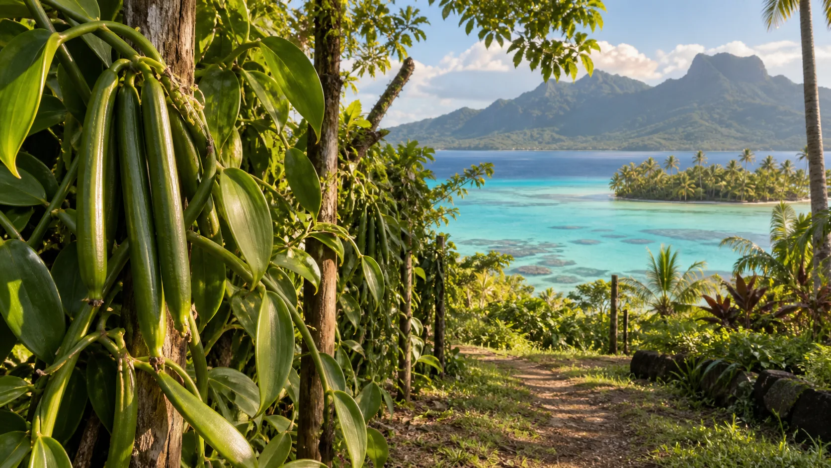 Vanilla vines overlooking Taha'a's turquoise lagoon, coral gardens and the mountains of Raiatea