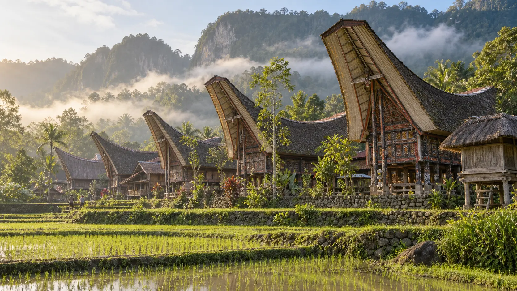 Traditional tongkonan houses line green rice fields beneath misty Tana Toraja highlands.