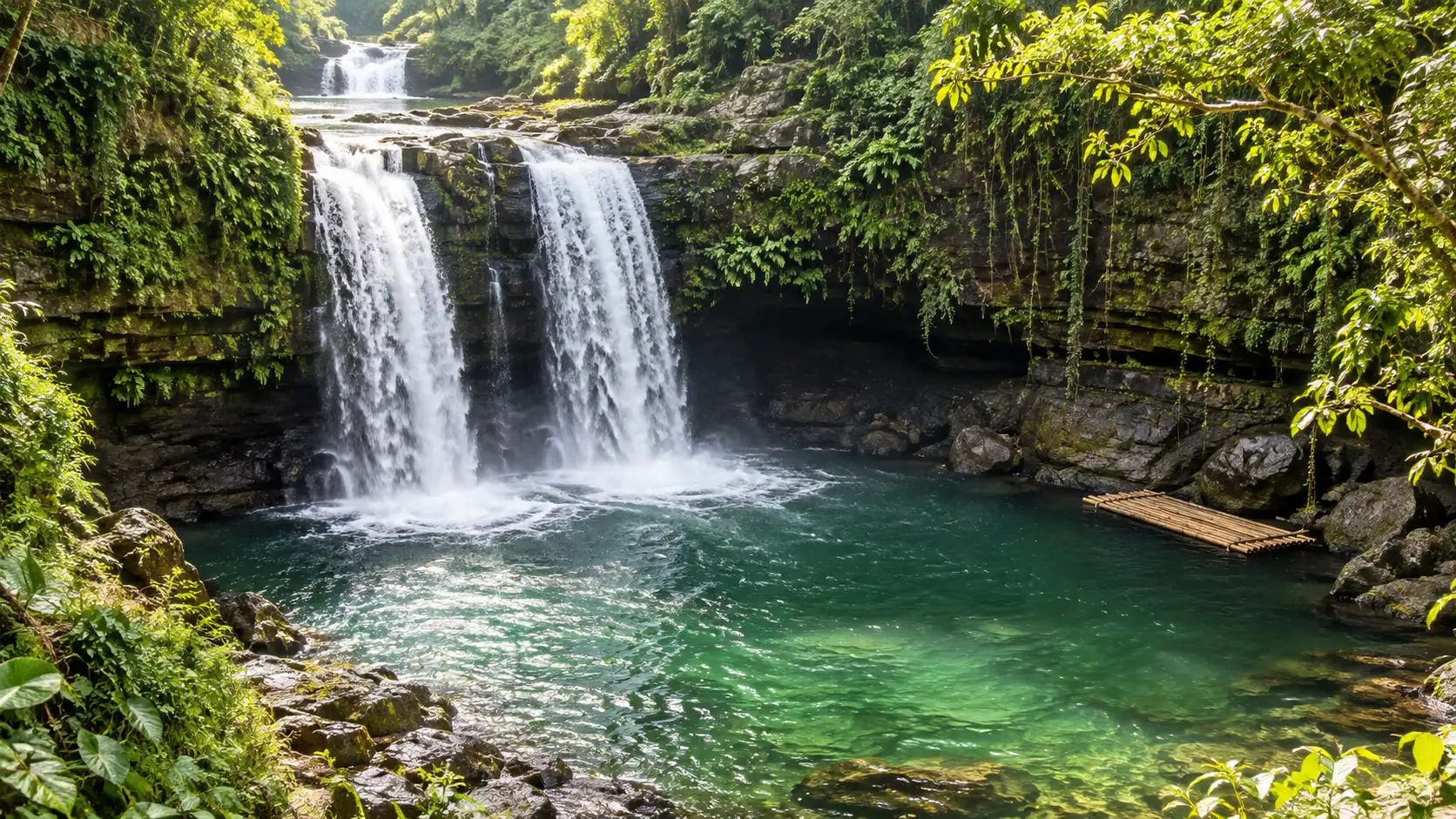 Twin curtains of Tangadan Falls dropping into a clear forest pool in La Union.