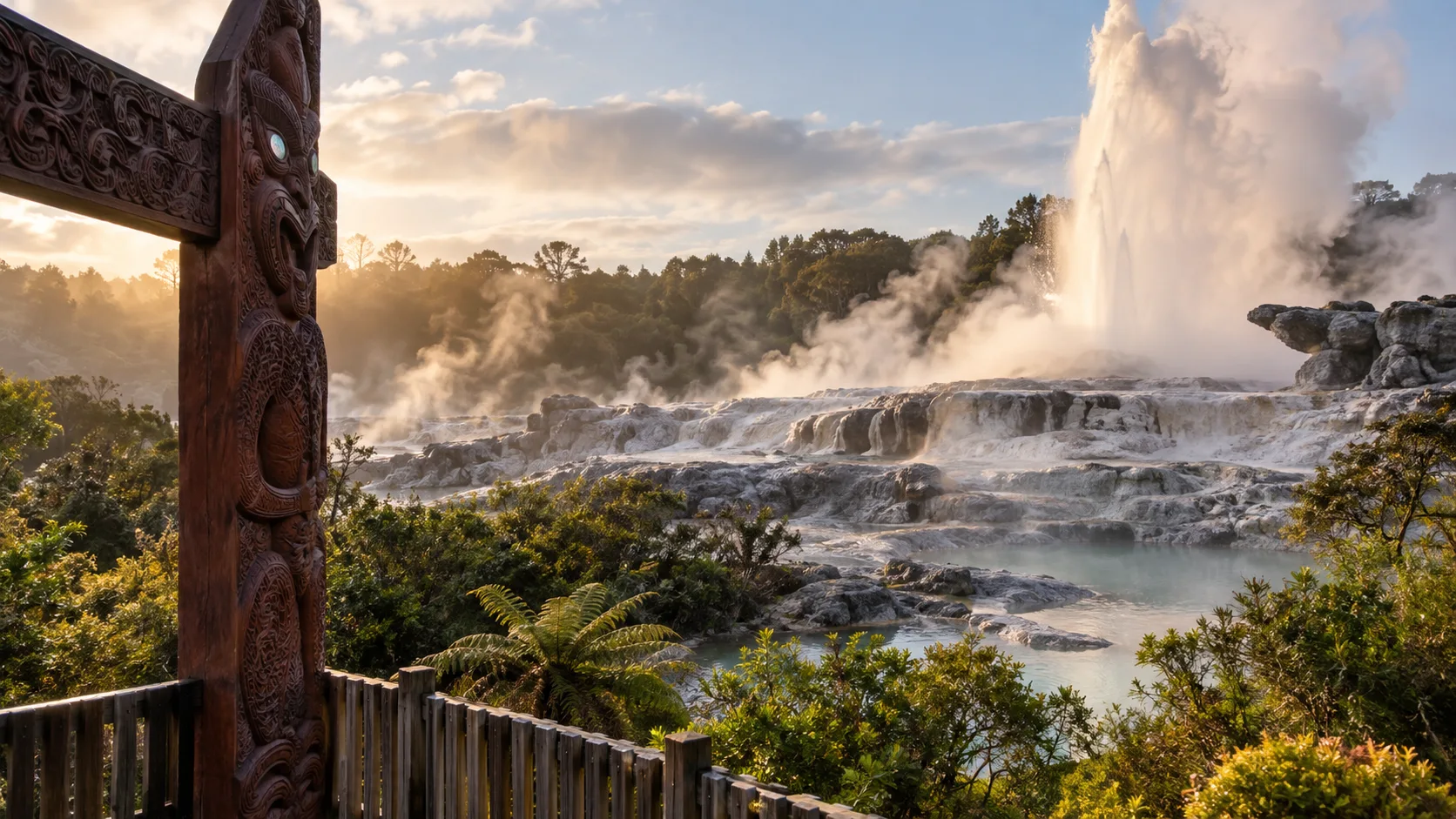 Pohutu Geyser erupting above steaming terraces and native ferns at Te Puia in New Zealand