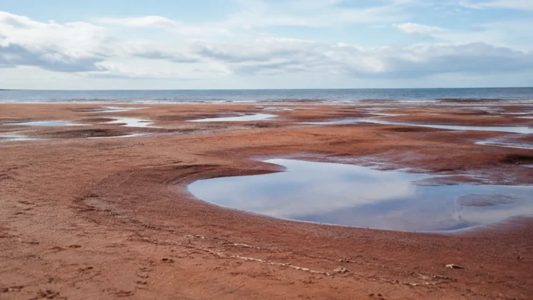 Shallow tidal pools spread across a wide red sand beach.