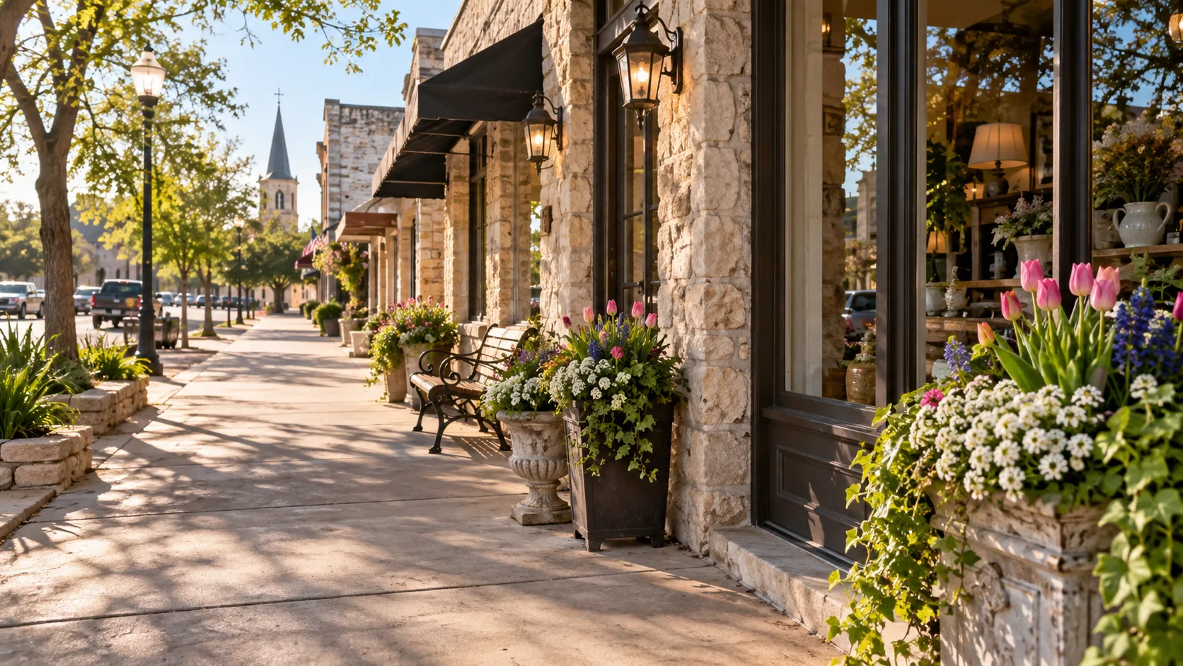 Historic limestone storefronts and spring planters in Fredericksburg, Texas.
