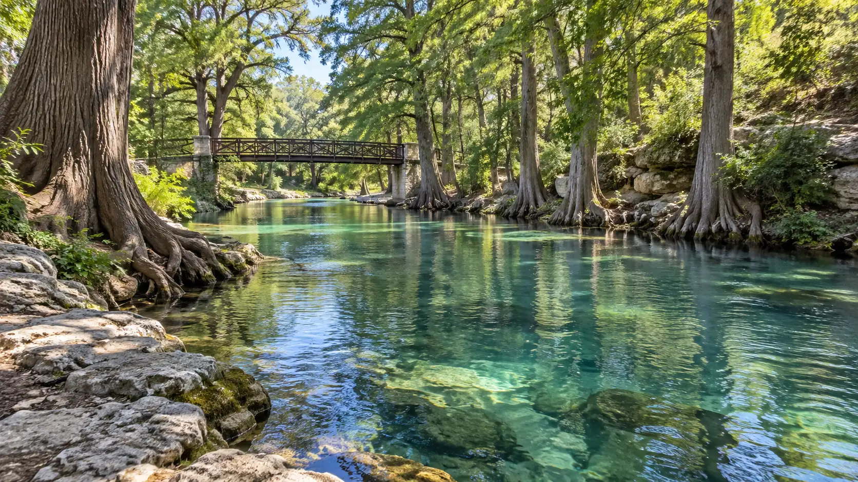 Clear Cypress Creek flowing beneath tall trees in Wimberley, Texas.