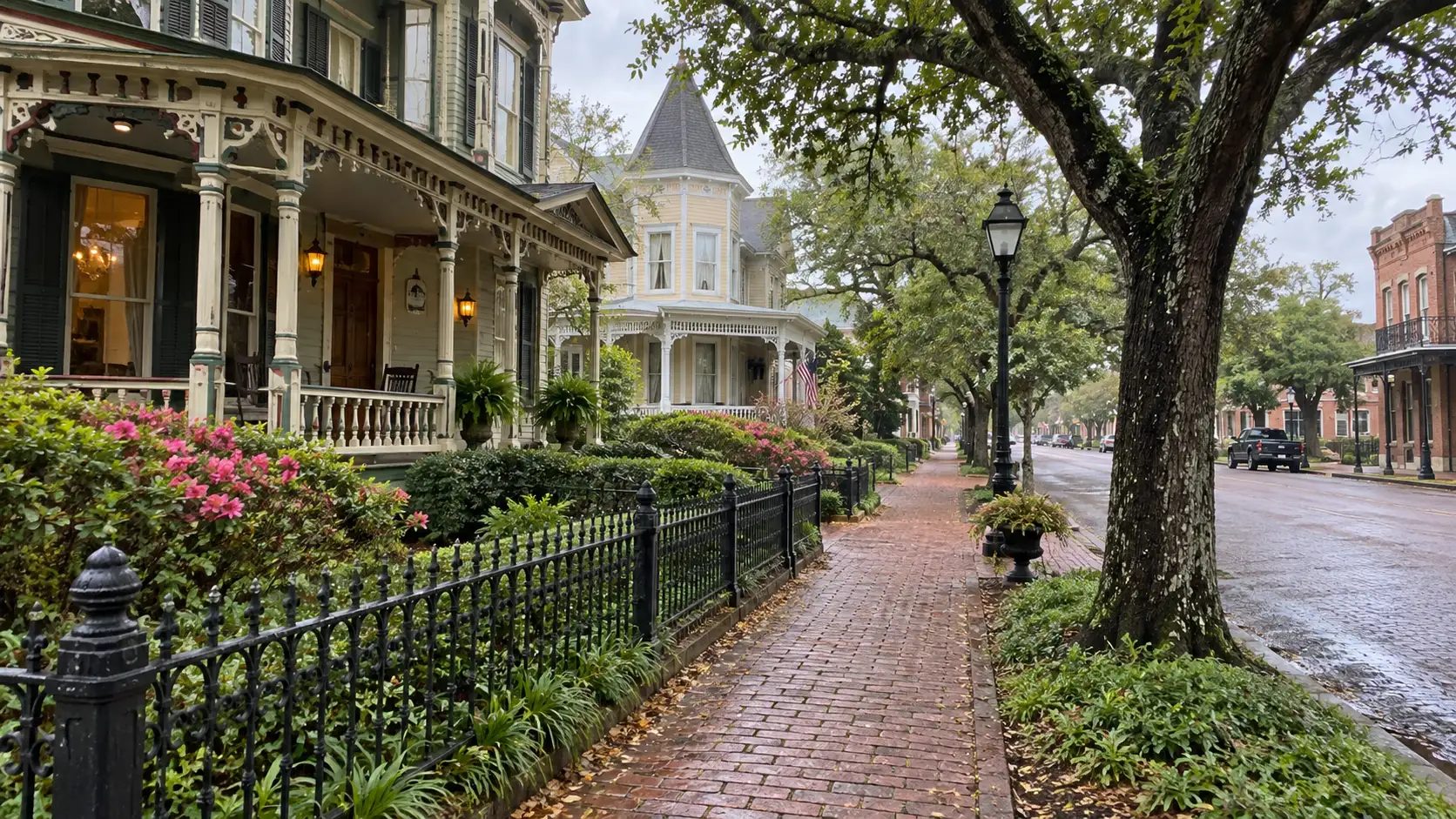Leafy historic street with Victorian homes in Jefferson, Texas.