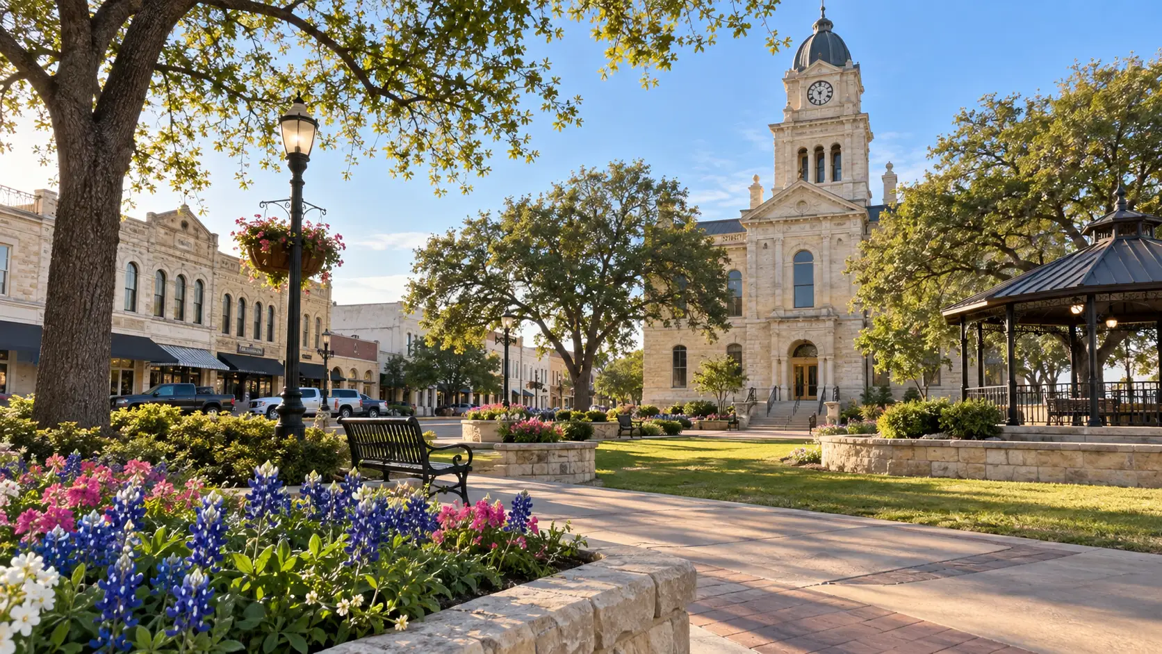 Warm stone courthouse and polished historic square in Georgetown, Texas.