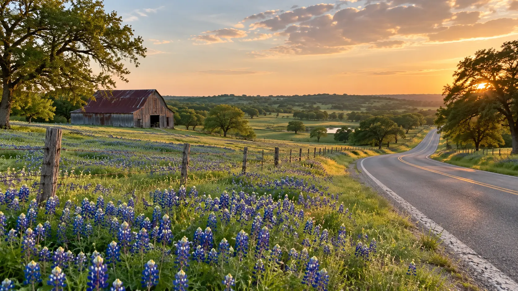 Bluebonnets beside a quiet country road near Brenham, Texas.