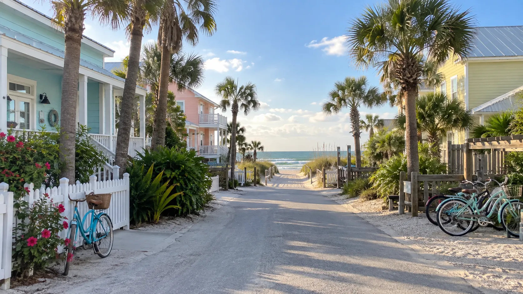 Pastel cottages and a beach-bound street in Port Aransas, Texas.
