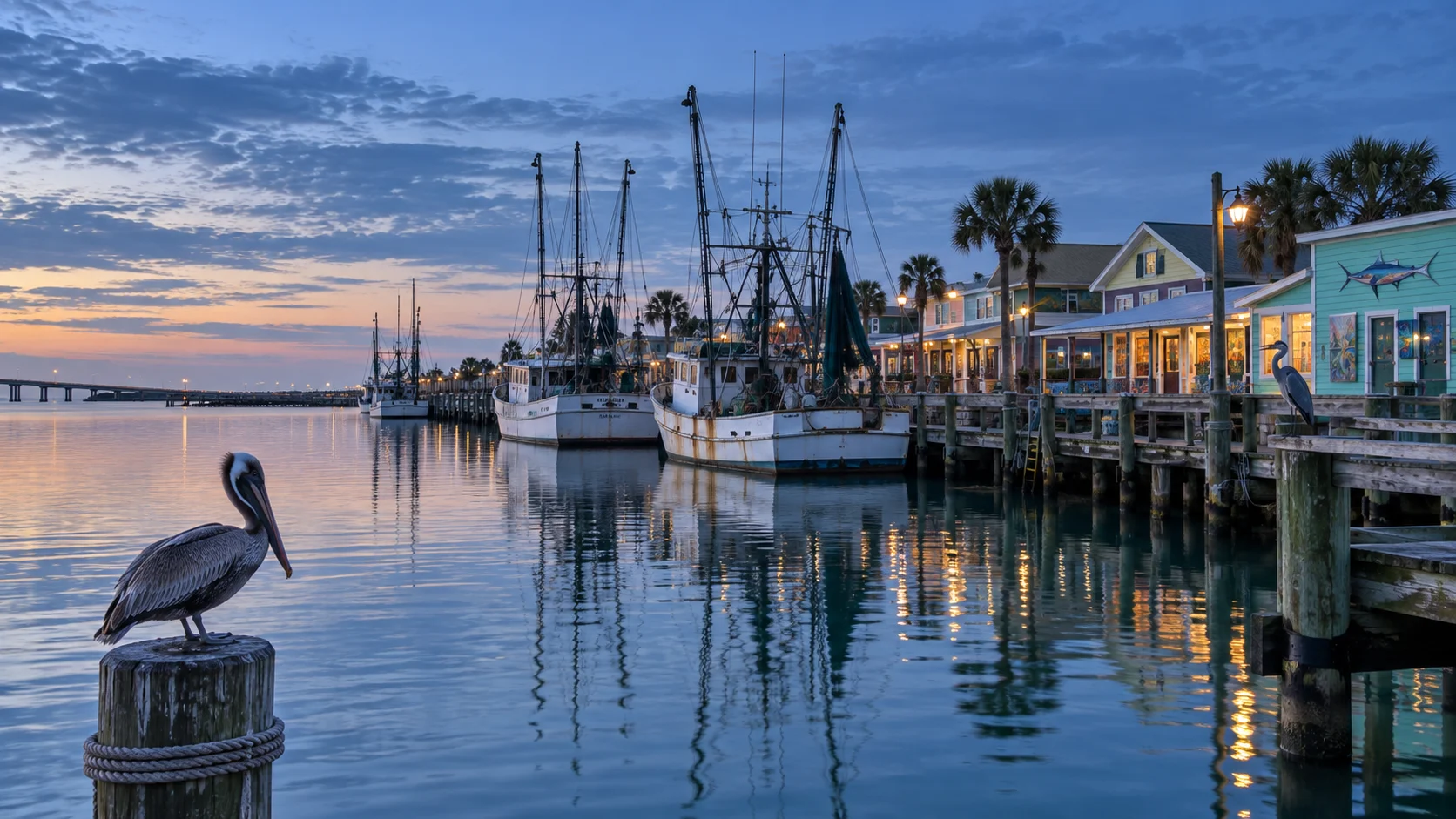 Fishing boats and coastal birds along the waterfront in Rockport, Texas.