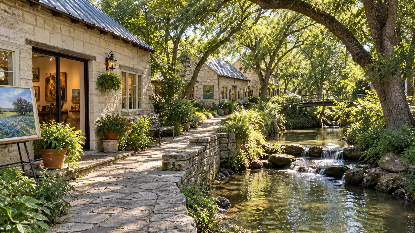 Limestone art cottages beside a shaded creek in Salado, Texas.