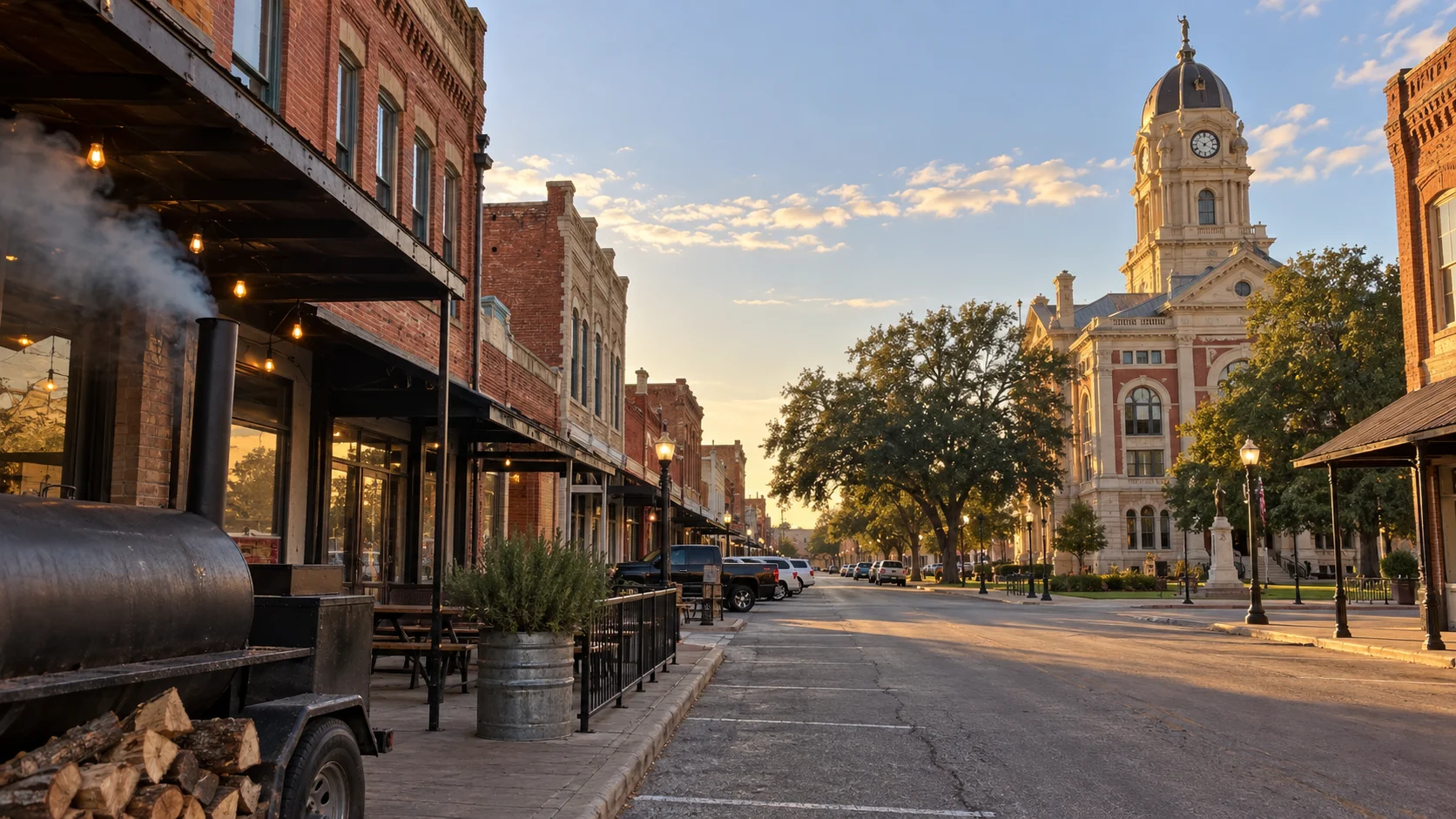 Red-brick downtown and historic courthouse in Lockhart, Texas.
