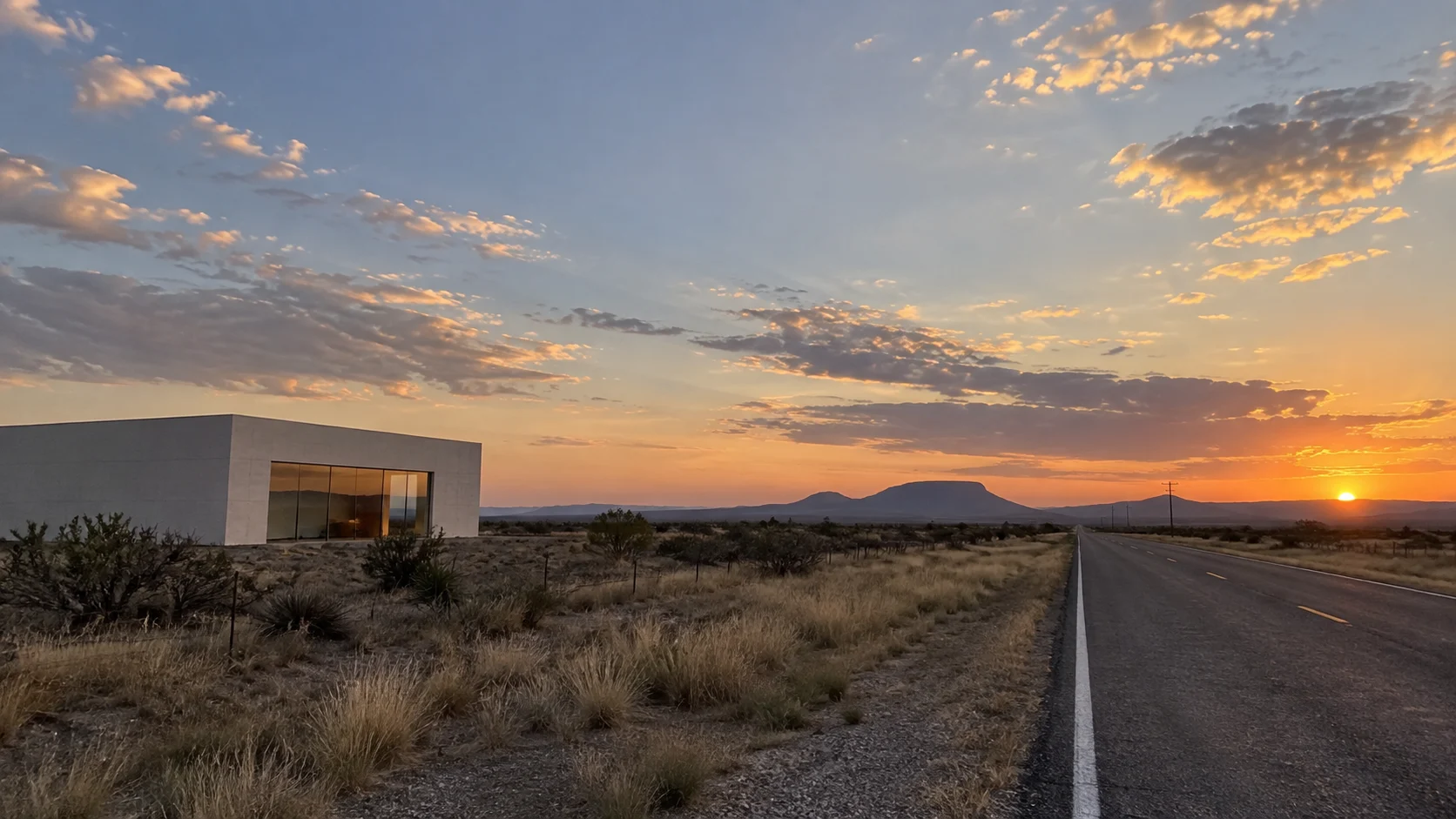 Minimalist art architecture in the high-desert landscape around Marfa, Texas.