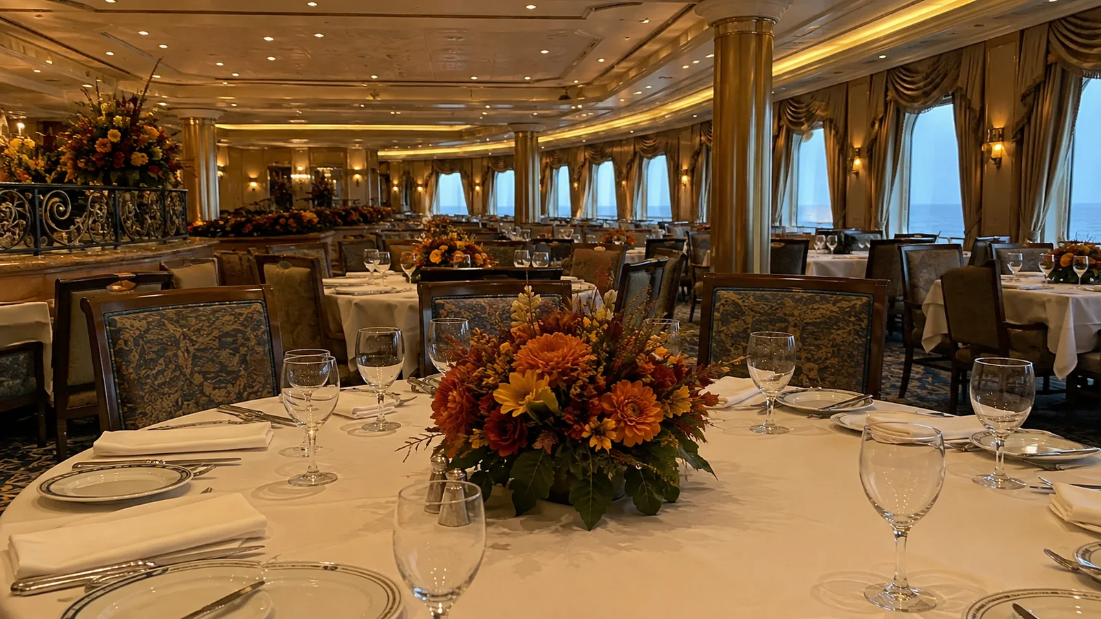 Autumn flower arrangement decorates a table in a ship dining room.