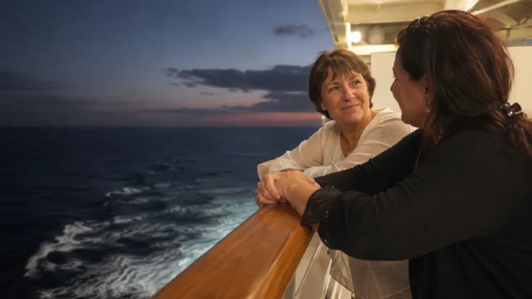 Two women talk at a ship railing in evening light.