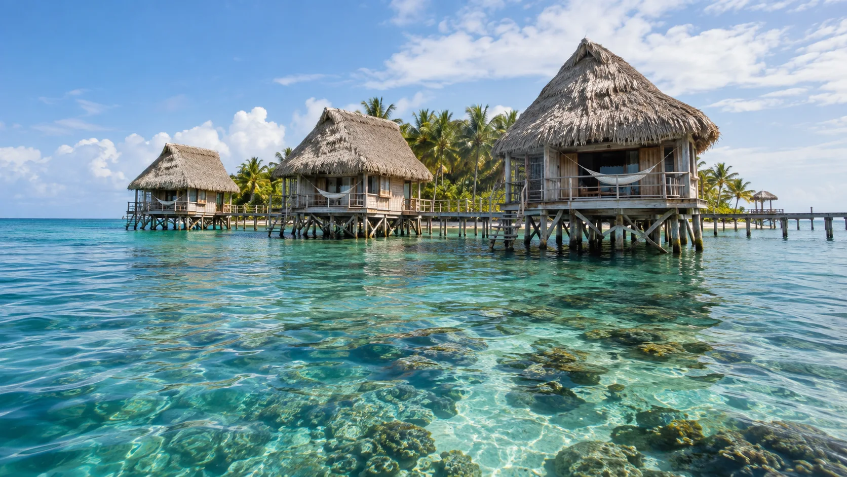 Rustic thatched-roof bungalows above clear Caribbean water at Thatch Caye Resort in Belize.