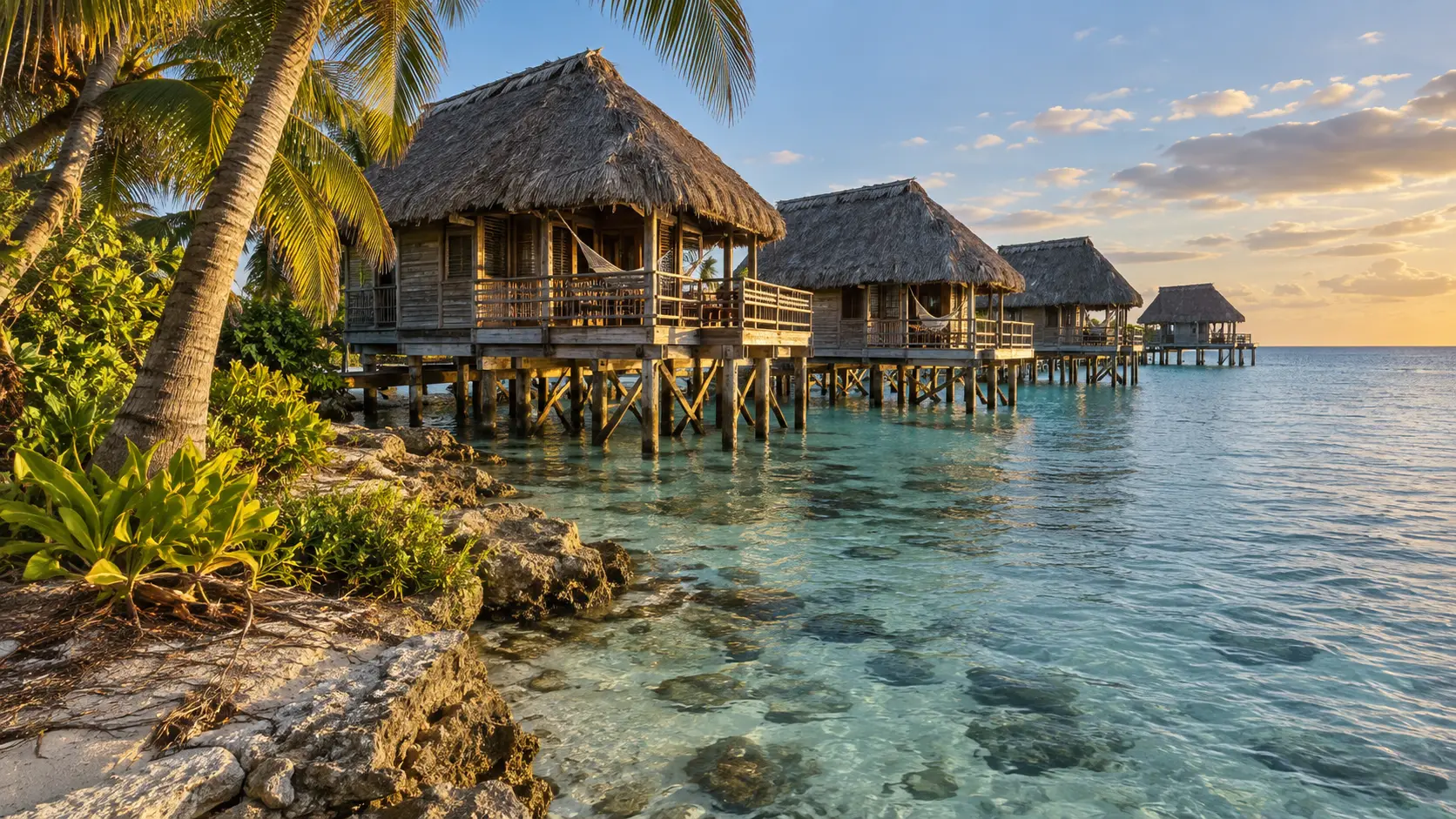 Rustic thatched overwater bungalows at Thatch Caye Resort beside a palm-covered Belizean island.