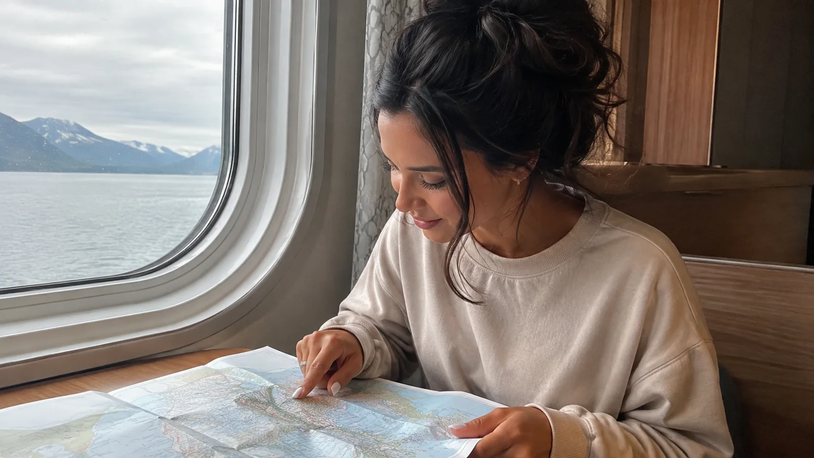 Woman studying a map beside a ship's window overlooking mountains