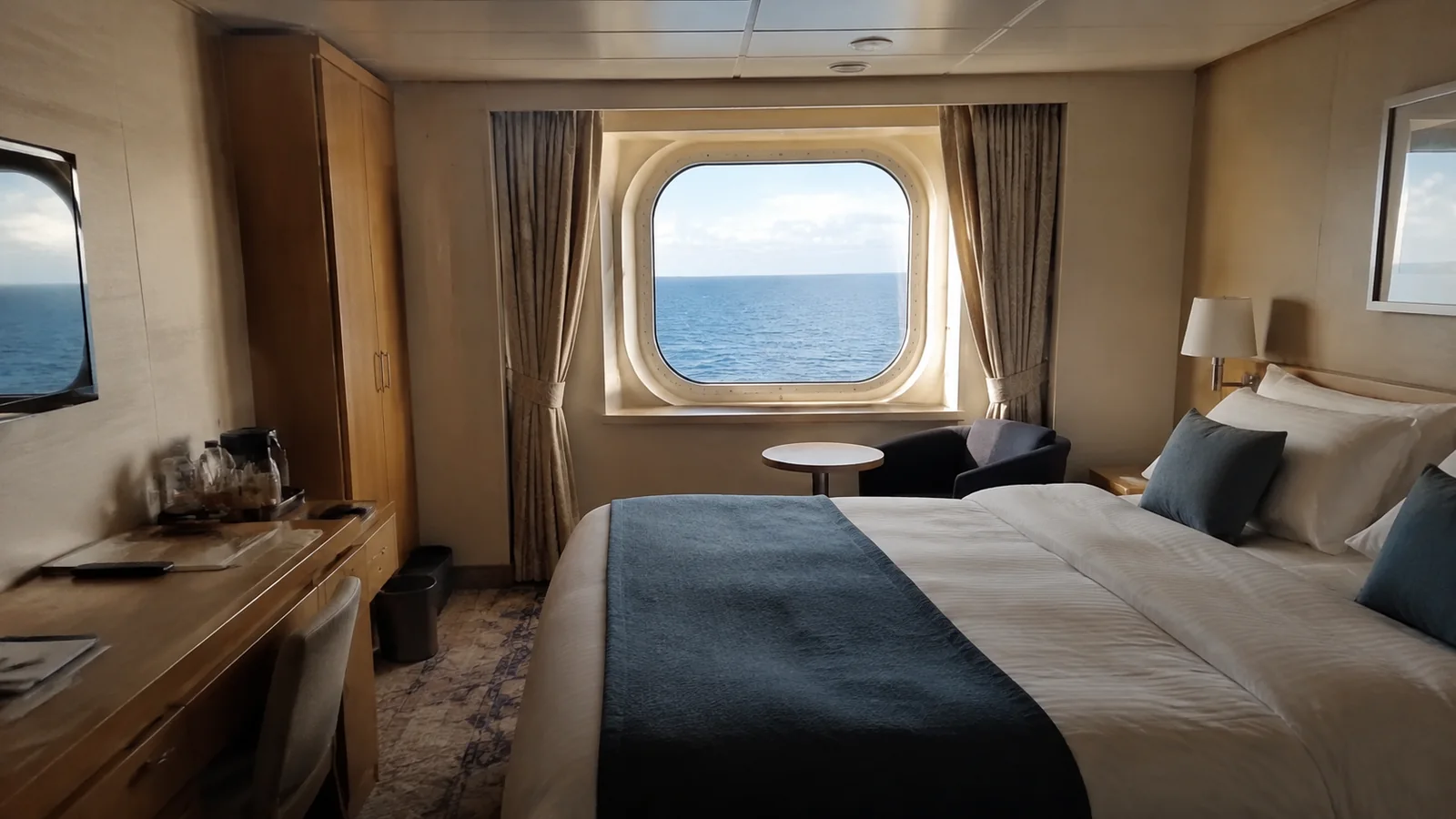 Ocean-view cabin with a large window, double bed and small sitting area.