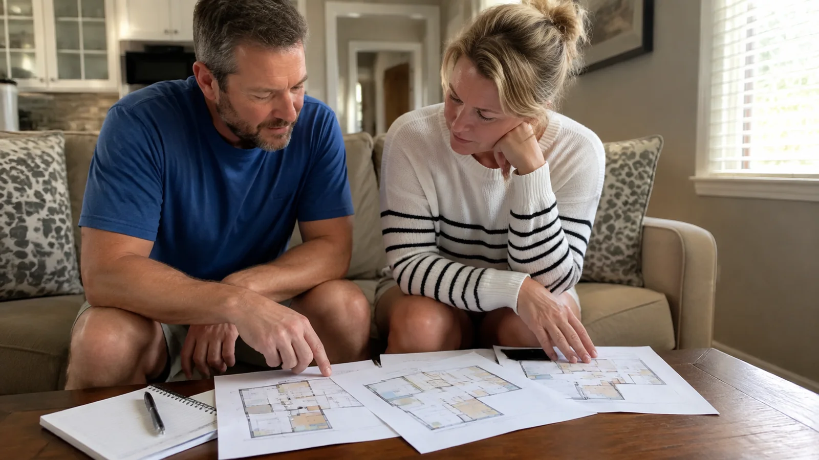 Couple reviewing cabin layouts and deck plans together.