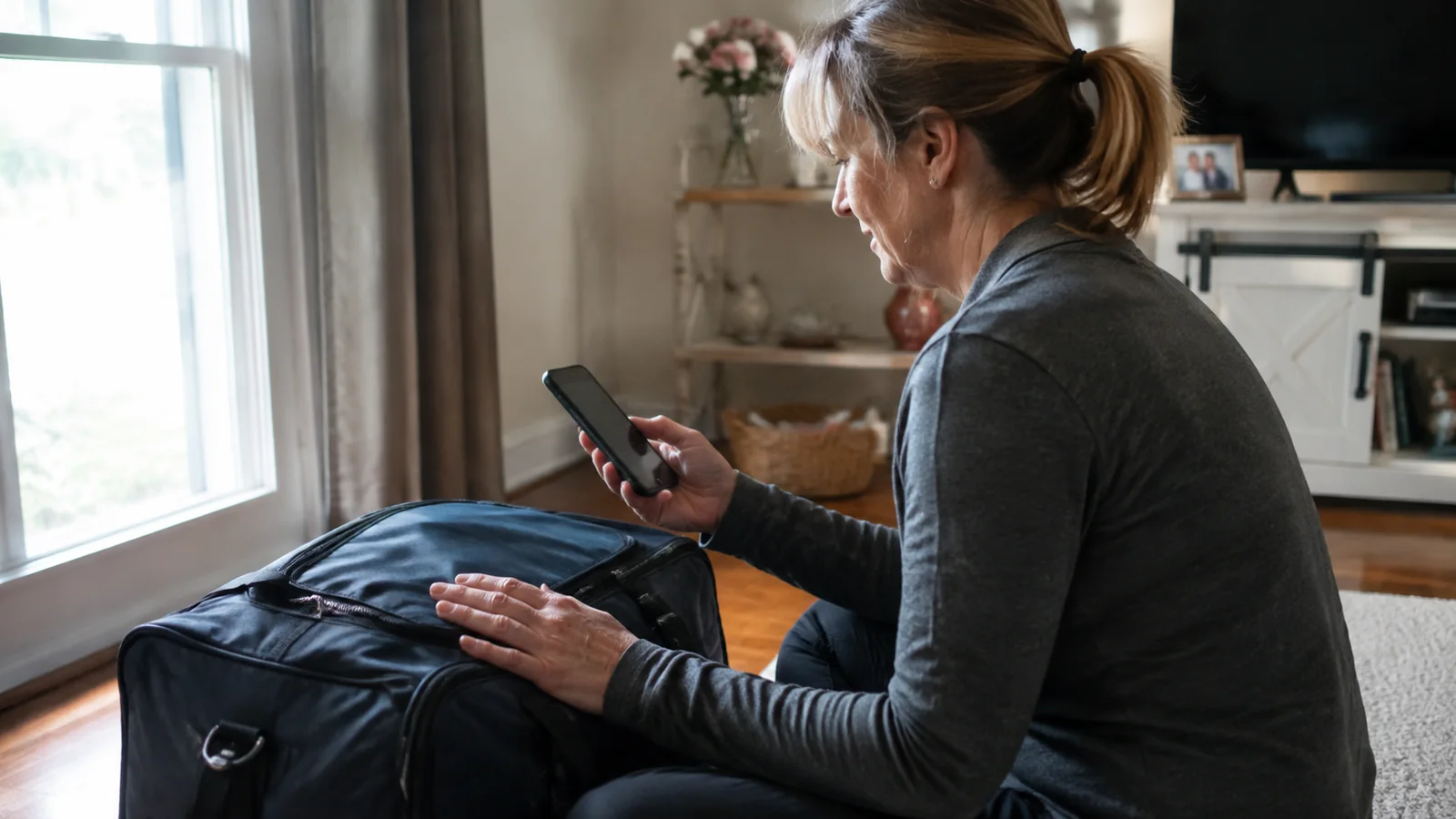 Traveler checking a phone beside a packed suitcase.