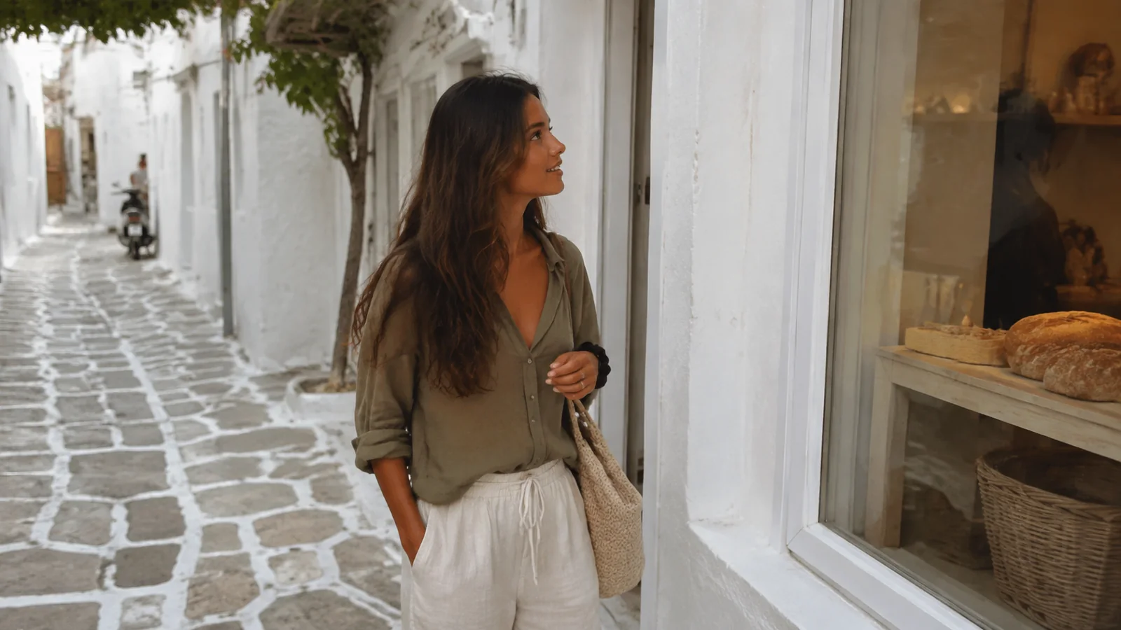 Woman looking into a bakery window on a narrow whitewashed lane.