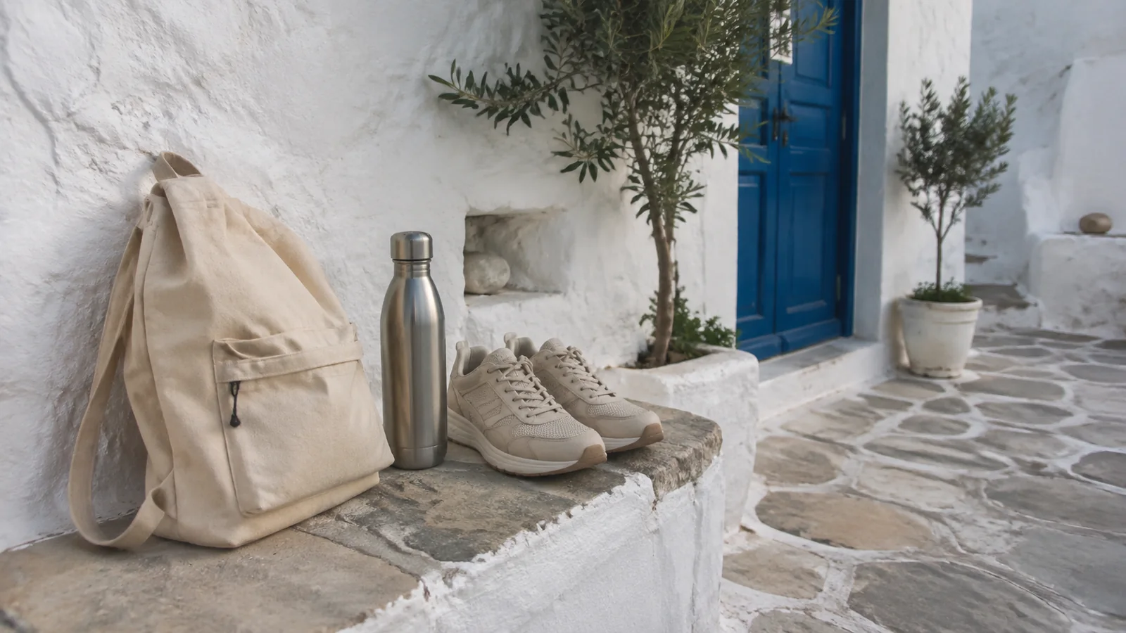 Canvas backpack, metal water bottle, and sneakers beside a blue doorway.