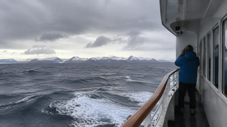 Rough seas beside a ship's deck with snowy land on the horizon.