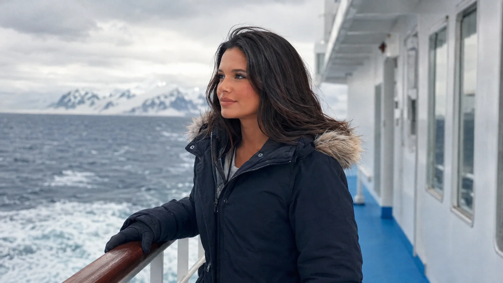 Woman in a warm jacket on a ship deck near a snowy coastline.