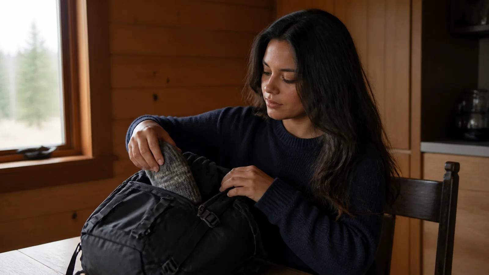 Woman packing a knit hat into a backpack.