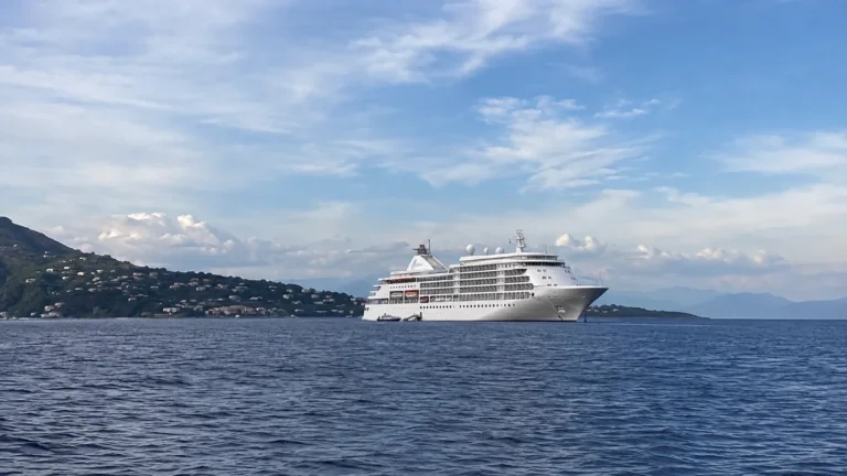 White cruise ship sailing near a hilly coastline
